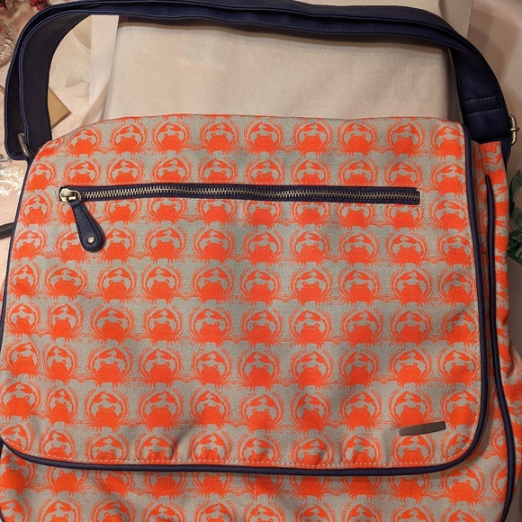 Sarah Watts crabby orange pattern messenger bag with blue leather strap - Picture 1 of 15